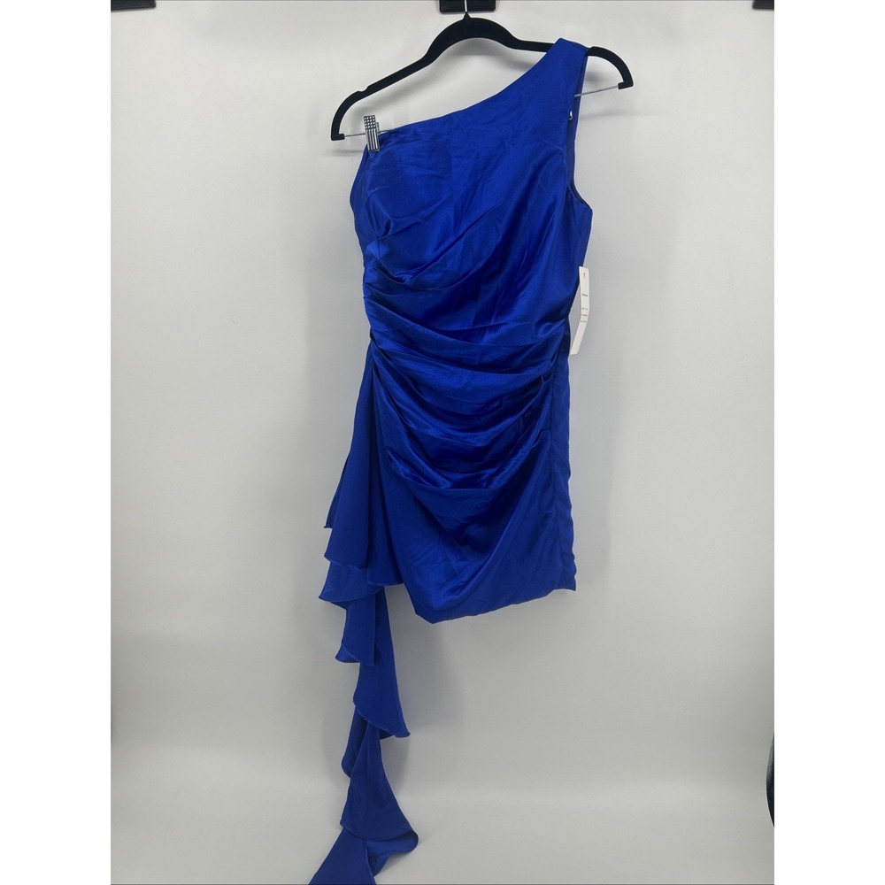 NWT Royal Blue One-Shoulder Ruched Satin Mini Dress with Ruffle Cascade Size 4